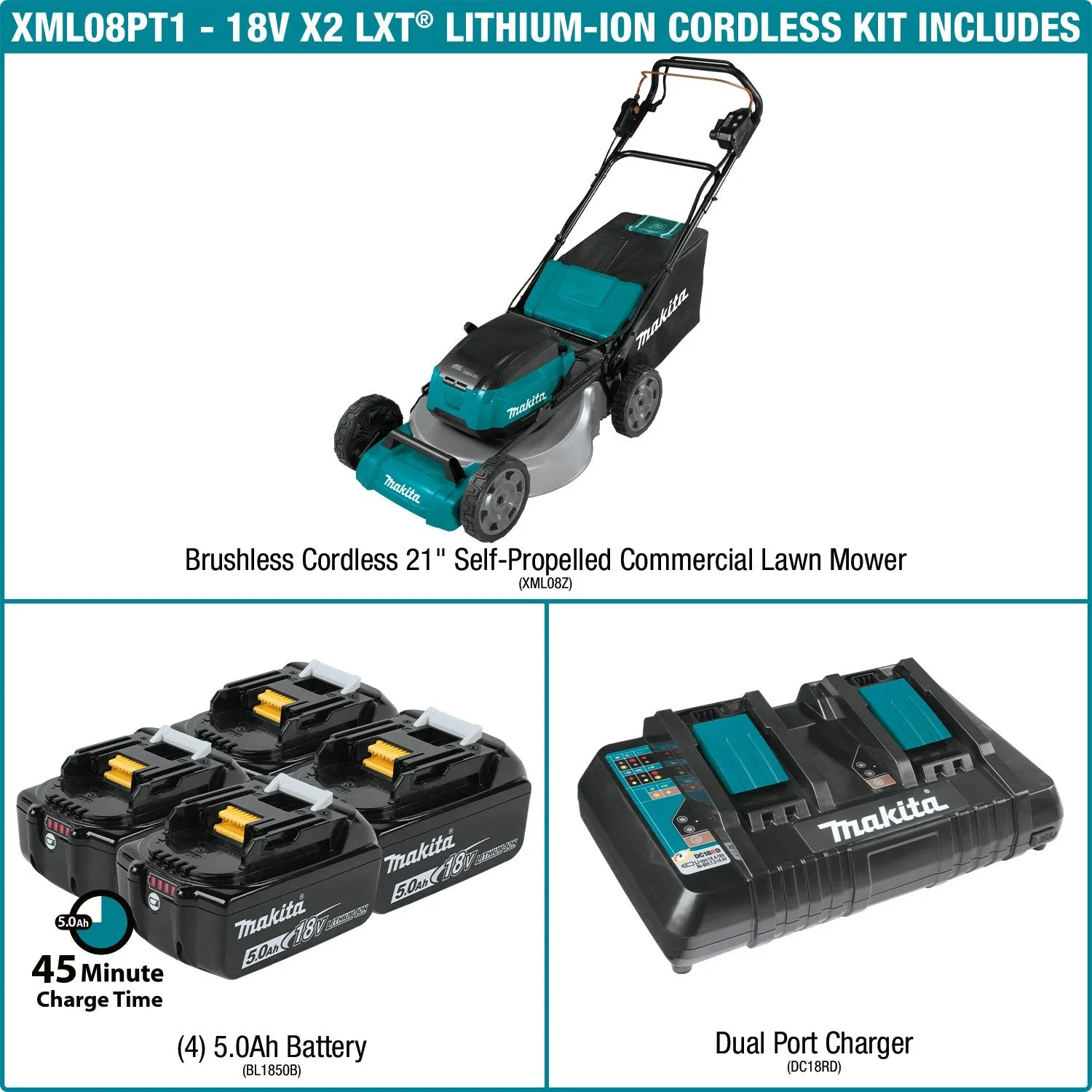 Makita (XML08PT1) 36V (18V X2) LXT® Brushless 21" Self‑Propelled Commercial Lawn Mower Kit w/4 Batteries (5.0Ah)