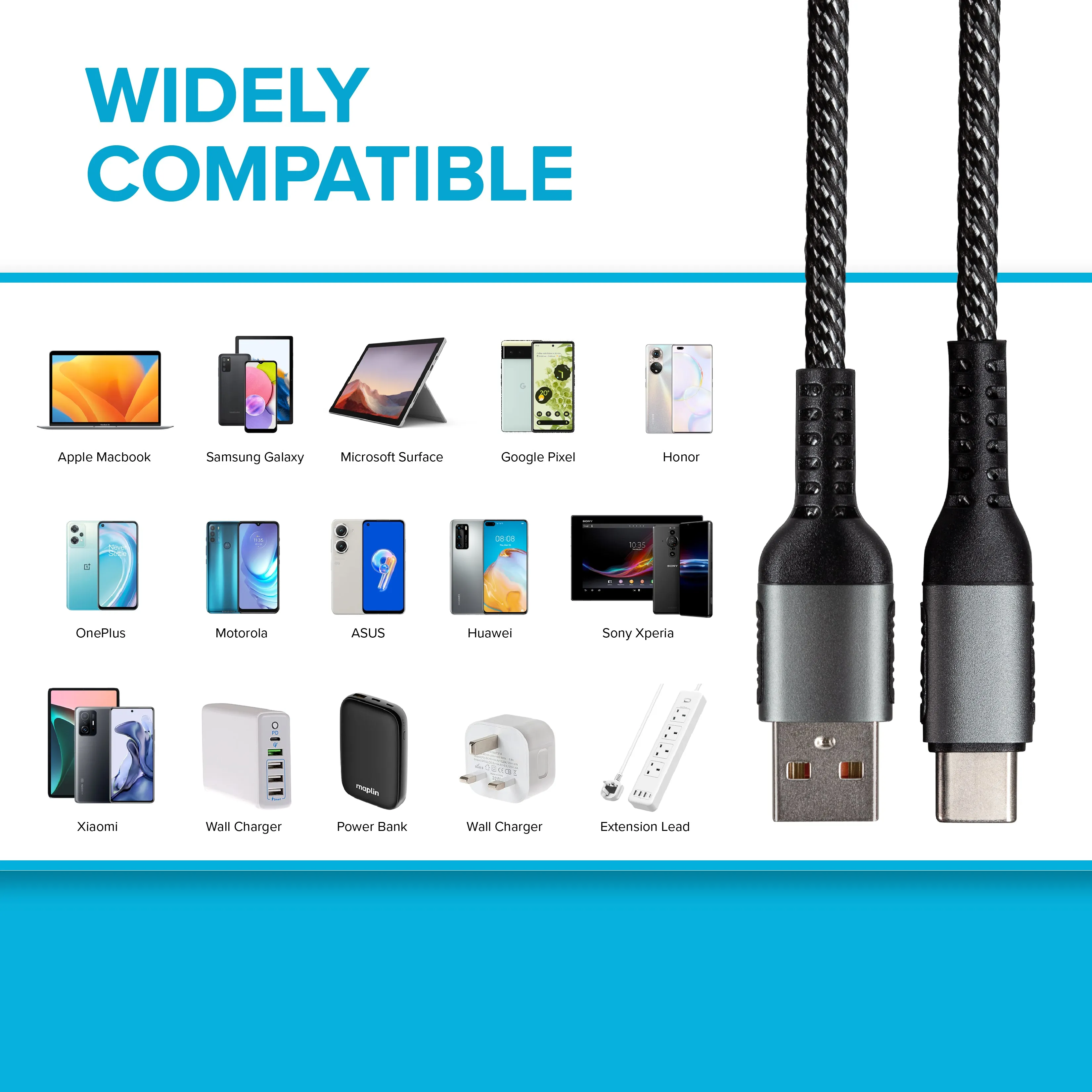 Maplin USB-C to USB-A Braided Cable - Black