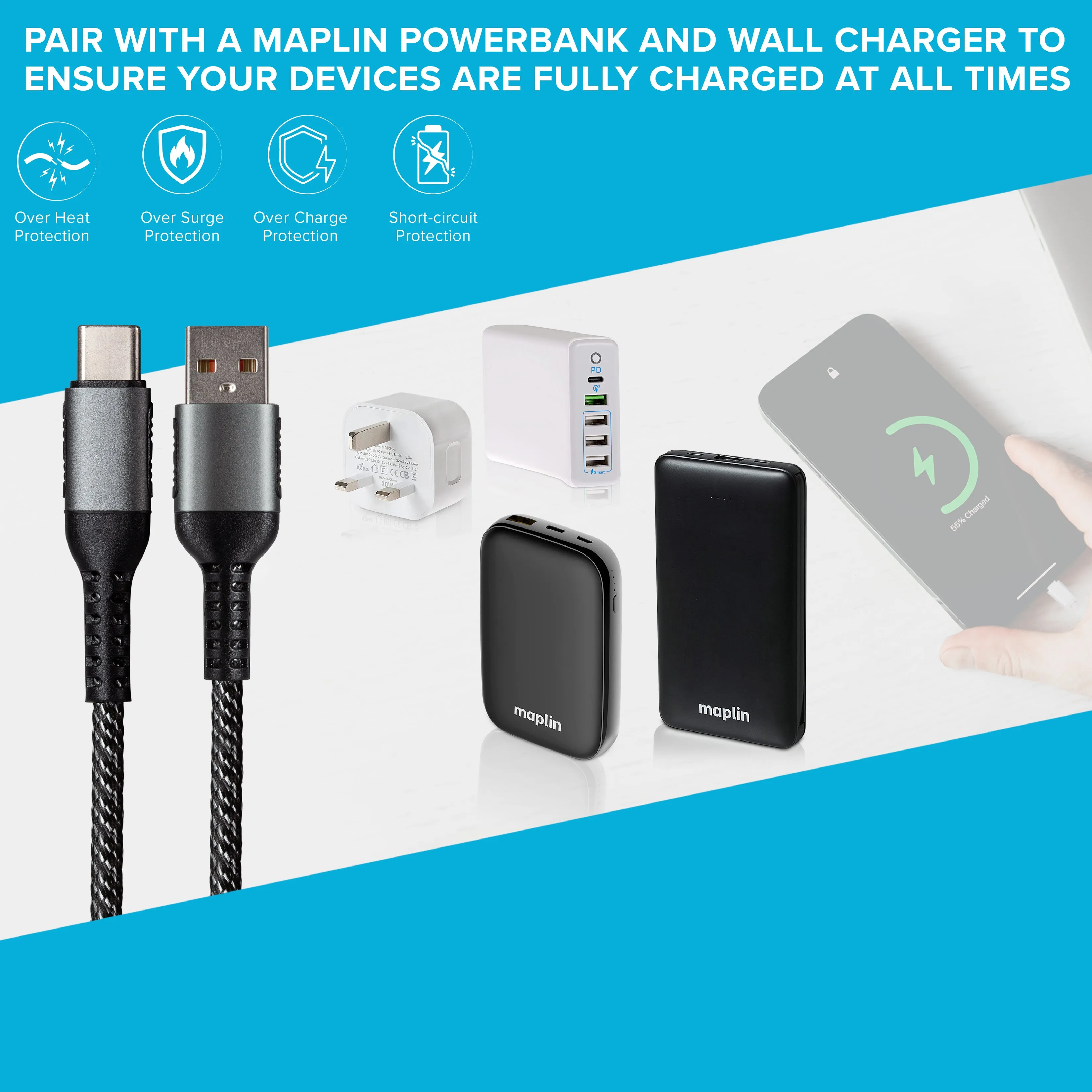 Maplin USB-C to USB-A Braided Cable - Black