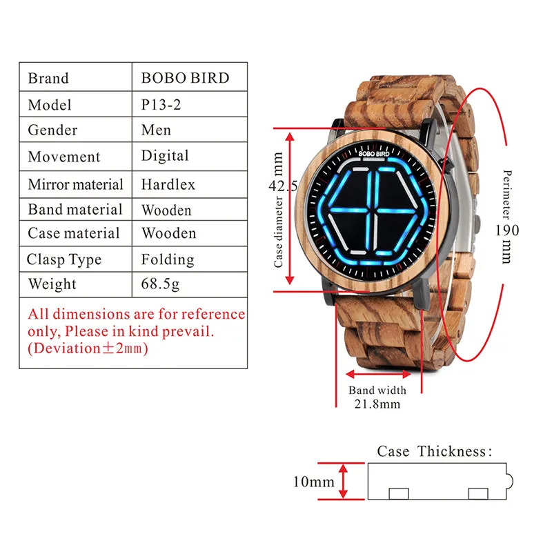 Men's Colorful Digital LED Wooden Watch - Red,White,Blue,Green