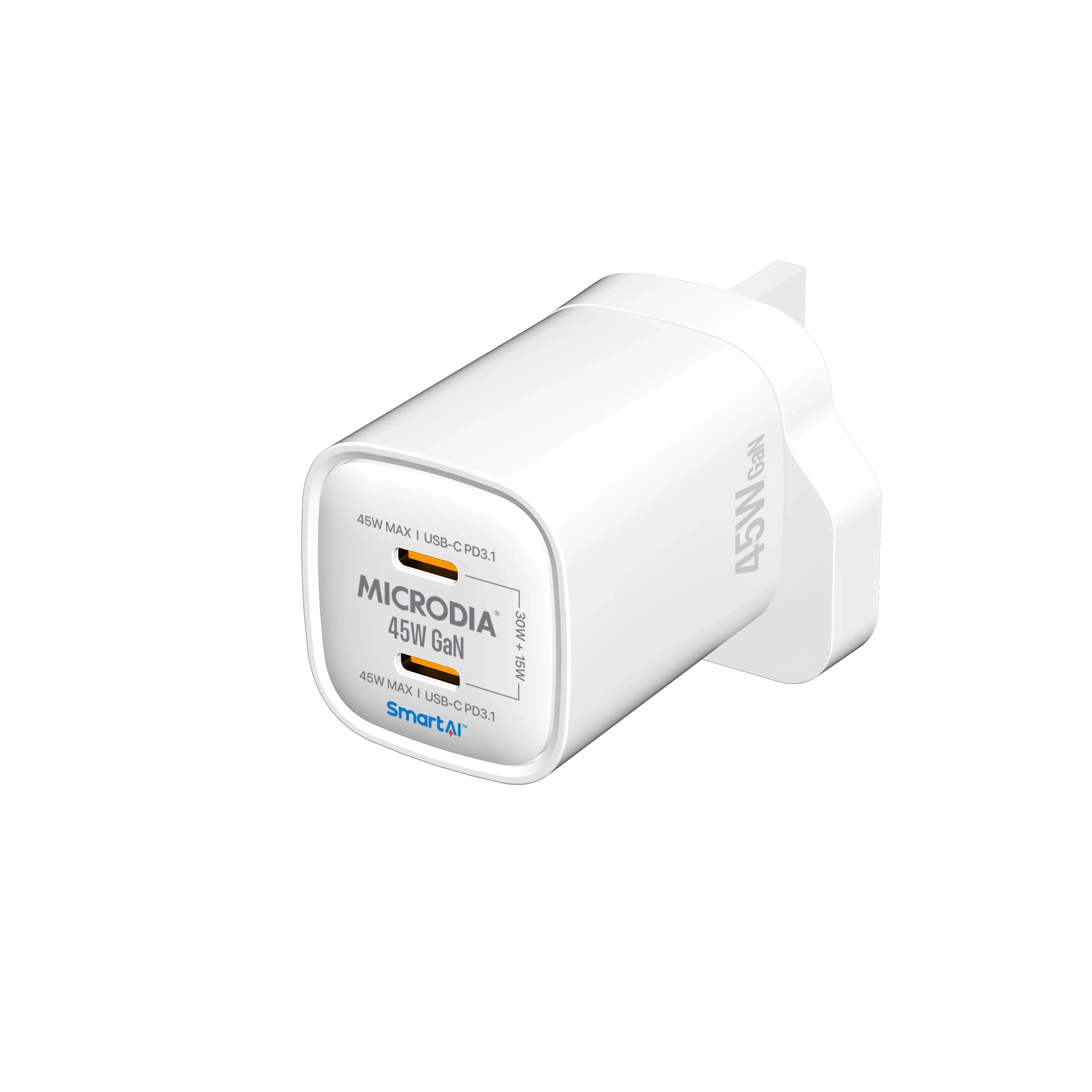 MICRODIA SMARTCube™ Nano 45W, GaN Wall Charger, Dual Port USB-C PD3.1