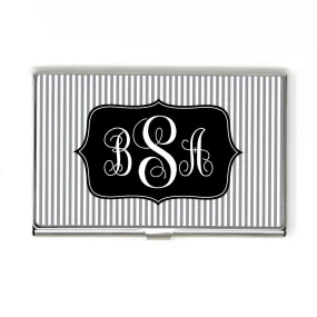 Monogram Business Card Case - Stripe Monogram Business Card Holder - Black Gray Silver Business Card Case