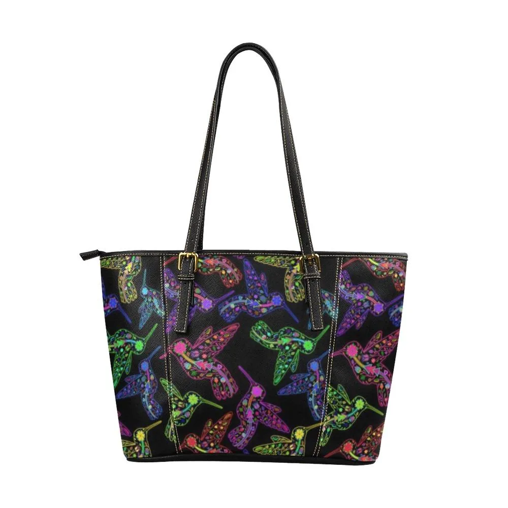 Neon Floral Hummingbirds Leather Tote Bag/Large