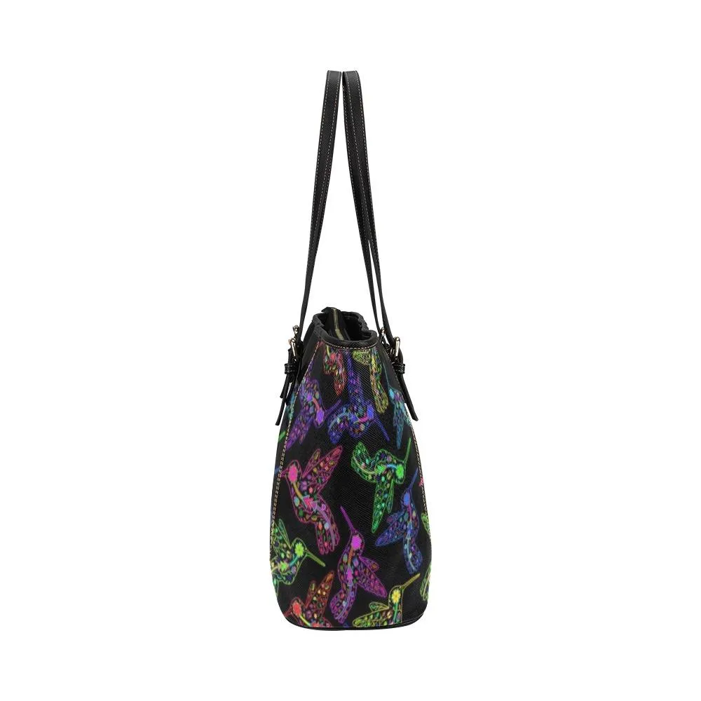 Neon Floral Hummingbirds Leather Tote Bag/Large