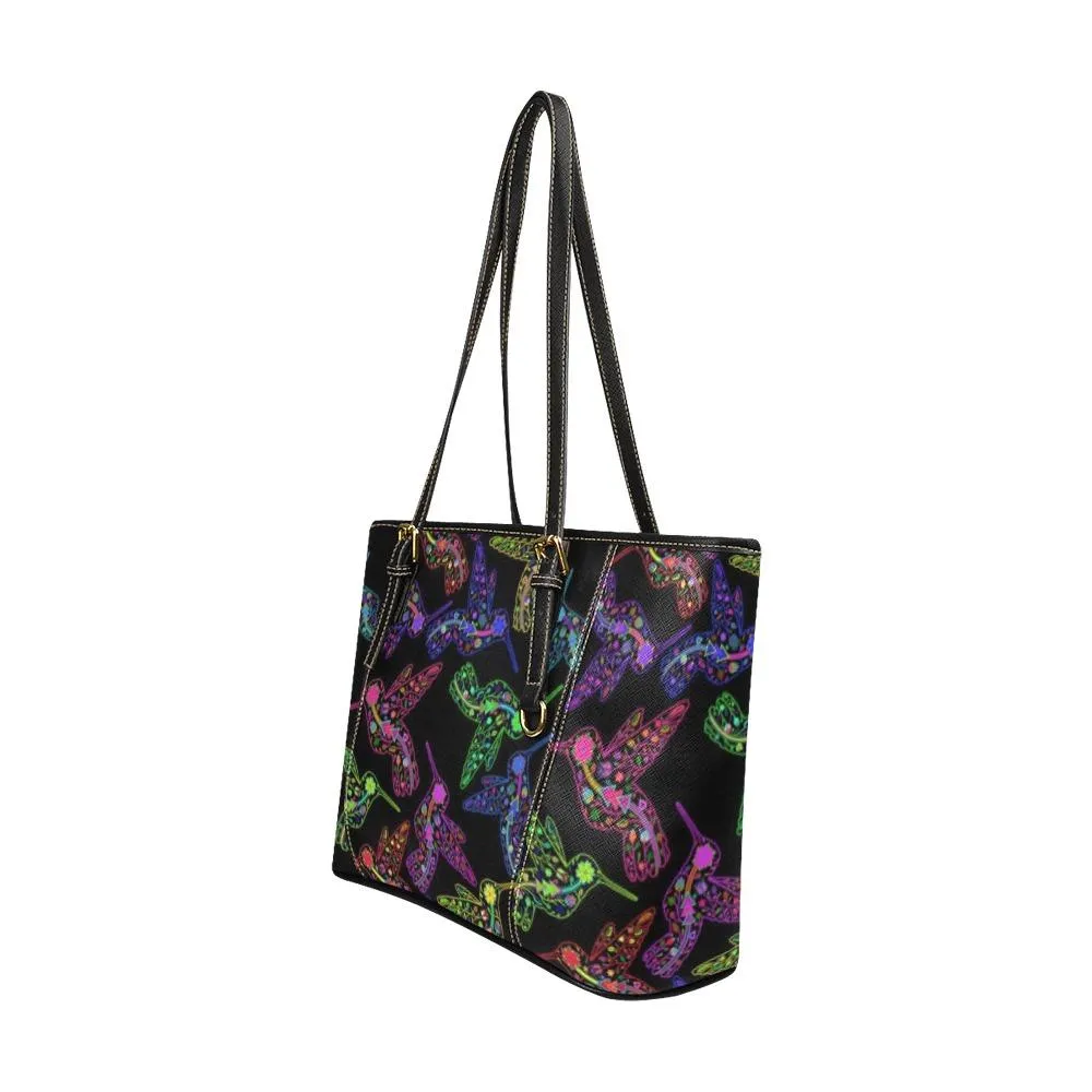 Neon Floral Hummingbirds Leather Tote Bag/Large