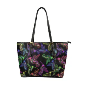 Neon Floral Hummingbirds Leather Tote Bag/Large