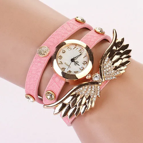 New women vintage leather strap watches,set auger angel wings rivet bracelet women dress watch wristwatch