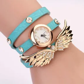 New women vintage leather strap watches,set auger angel wings rivet bracelet women dress watch wristwatch