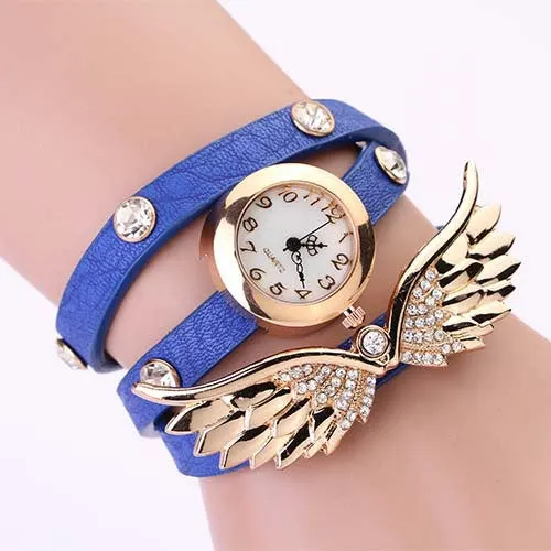 New women vintage leather strap watches,set auger angel wings rivet bracelet women dress watch wristwatch