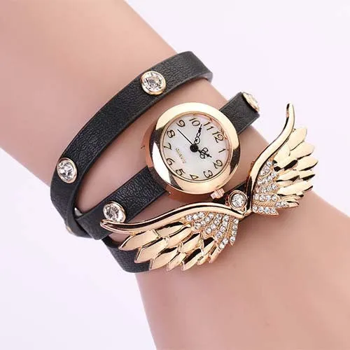 New women vintage leather strap watches,set auger angel wings rivet bracelet women dress watch wristwatch