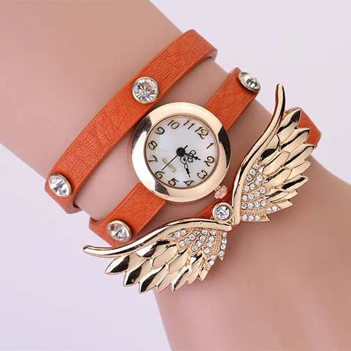 New women vintage leather strap watches,set auger angel wings rivet bracelet women dress watch wristwatch