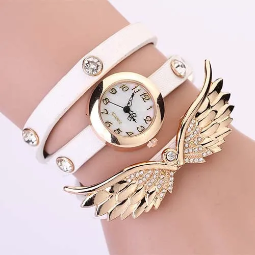 New women vintage leather strap watches,set auger angel wings rivet bracelet women dress watch wristwatch