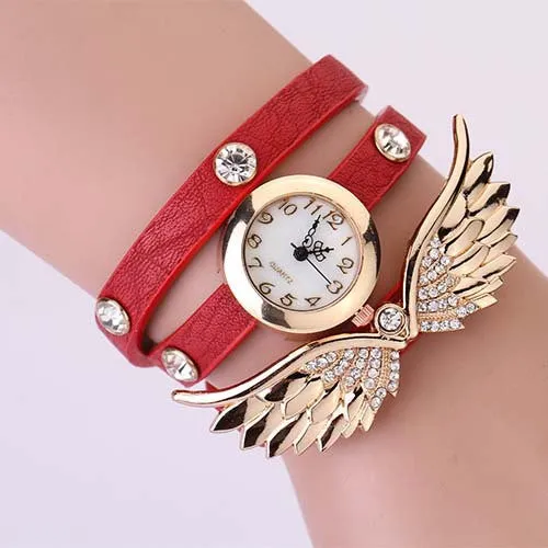 New women vintage leather strap watches,set auger angel wings rivet bracelet women dress watch wristwatch