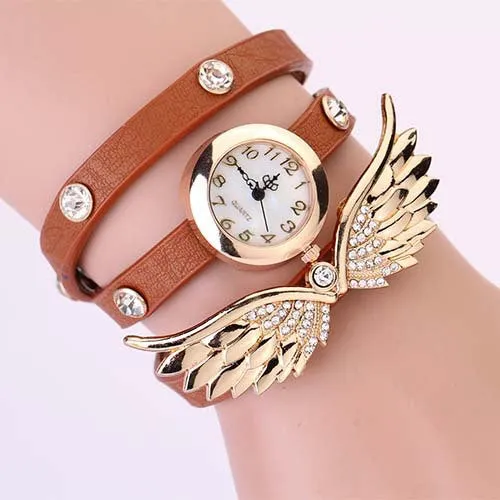 New women vintage leather strap watches,set auger angel wings rivet bracelet women dress watch wristwatch