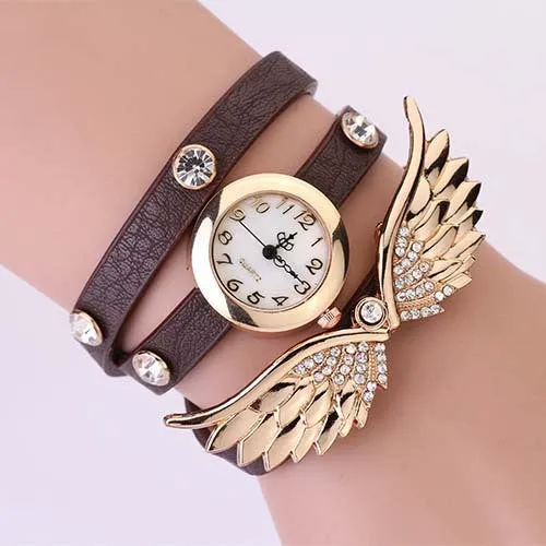 New women vintage leather strap watches,set auger angel wings rivet bracelet women dress watch wristwatch