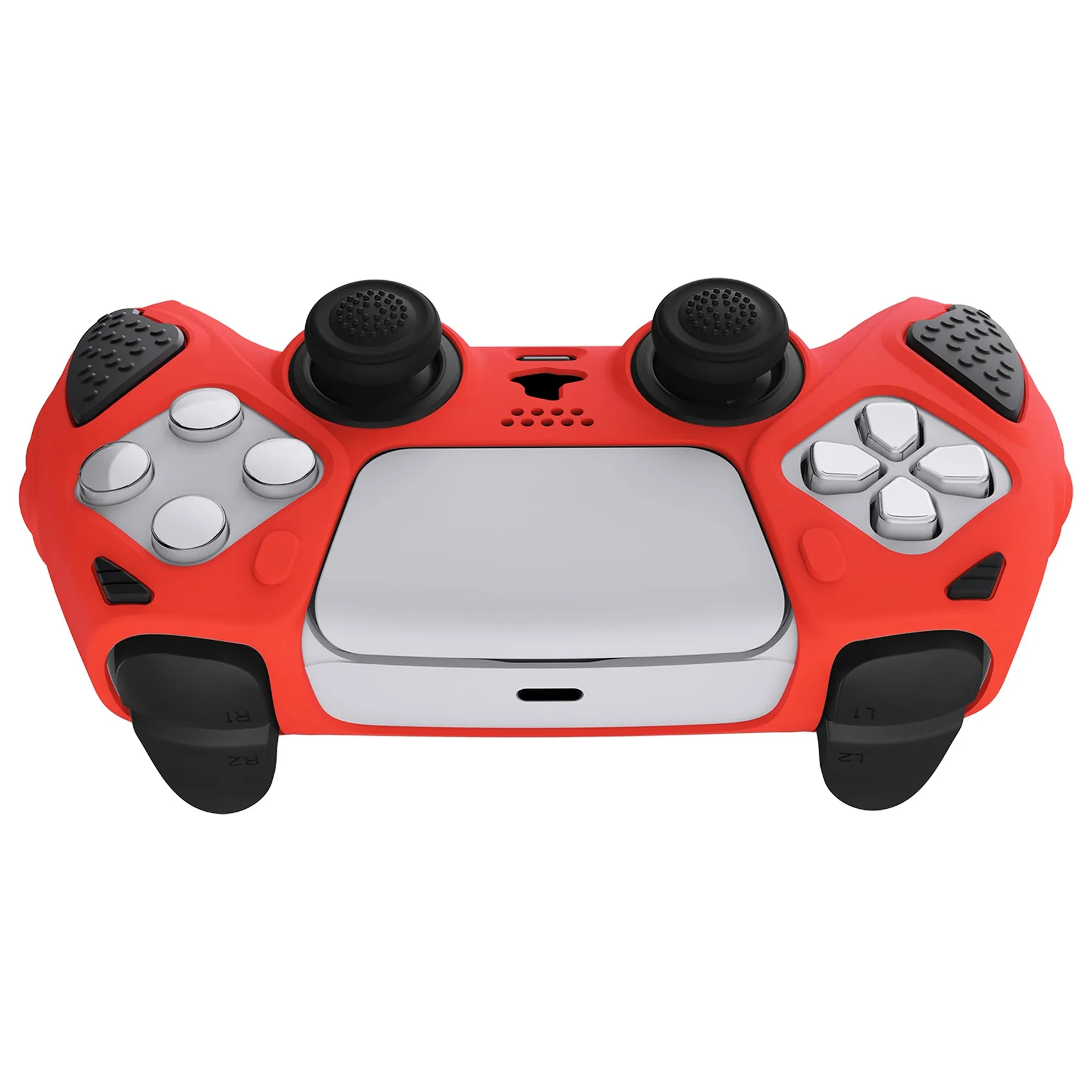 PlayVital Knight Edition Passion Red & Black Two Tone Anti-Slip Silicone Cover Skin for Playstation 5 Controller, Soft Rubber Case for PS5 Controller with Thumb Grip Caps - QSPF005