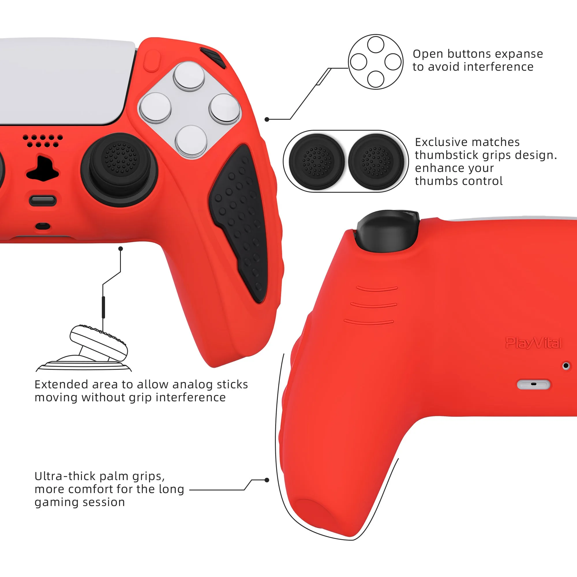 PlayVital Knight Edition Passion Red & Black Two Tone Anti-Slip Silicone Cover Skin for Playstation 5 Controller, Soft Rubber Case for PS5 Controller with Thumb Grip Caps - QSPF005