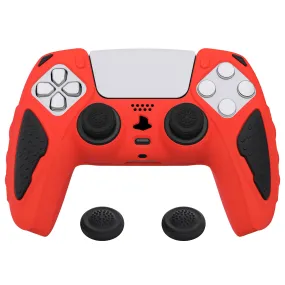 PlayVital Knight Edition Passion Red & Black Two Tone Anti-Slip Silicone Cover Skin for Playstation 5 Controller, Soft Rubber Case for PS5 Controller with Thumb Grip Caps - QSPF005