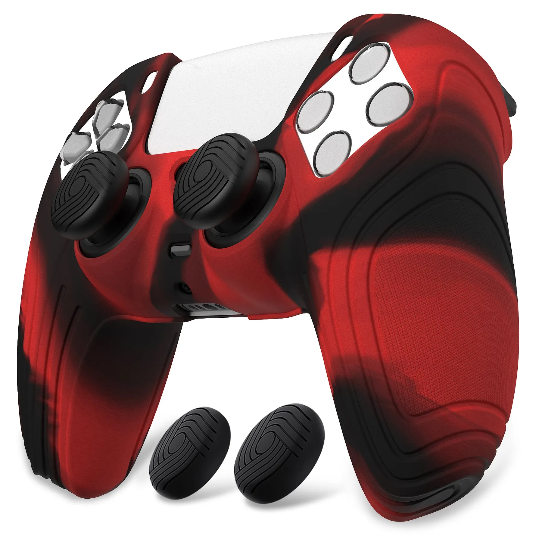 PlayVital Samurai Edition Red & Black Anti-slip Controller Grip Silicone Skin, Ergonomic Soft Rubber Protective Case Cover for PlayStation 5 PS5 Controller with Black Thumb Stick Caps - BWPF016