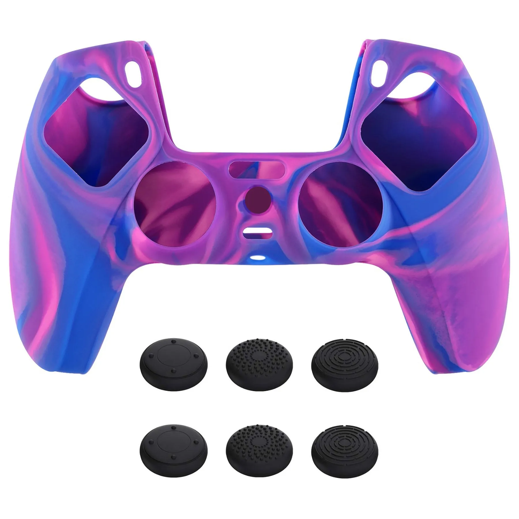 PlayVital Tri-Color Pink & Purple & Blue Camouflage Anti-Slip Silicone Cover Skin for Playstation 5 Controller, Soft Rubber Case for PS5 Controller with Black Thumb Grip Caps - KOPF015