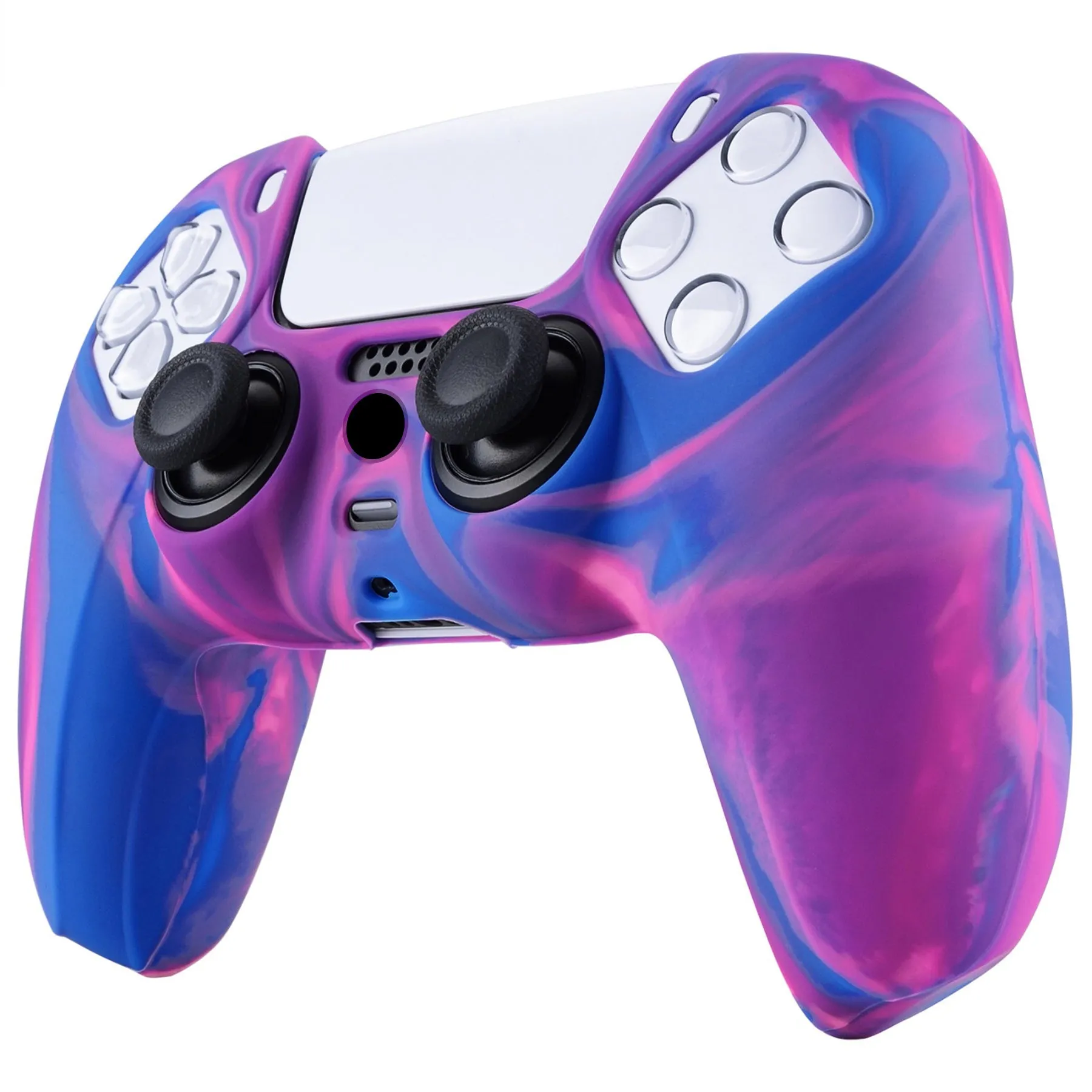 PlayVital Tri-Color Pink & Purple & Blue Camouflage Anti-Slip Silicone Cover Skin for Playstation 5 Controller, Soft Rubber Case for PS5 Controller with Black Thumb Grip Caps - KOPF015