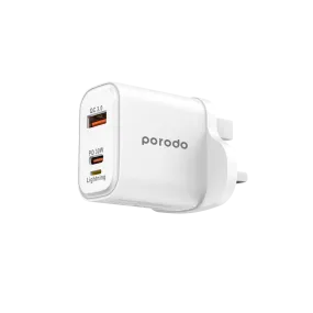 Porodo Triple Port PD QC Lightning 30W Wall Charger with Braided USB-C