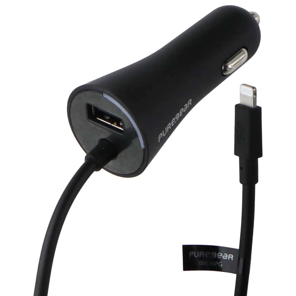 PureGear 24W Car Charger with Lightning 8-Pin Connector and USB-A Port - Black