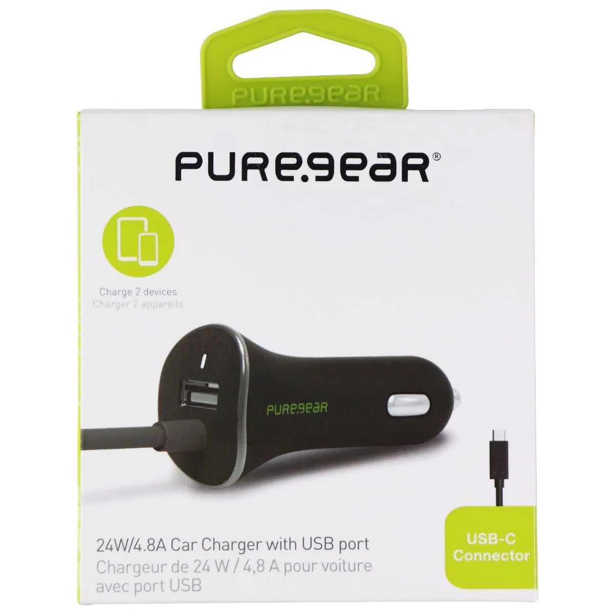 PureGear (24W/4.8A) USB-C Car Charger with Extra USB Port - Black