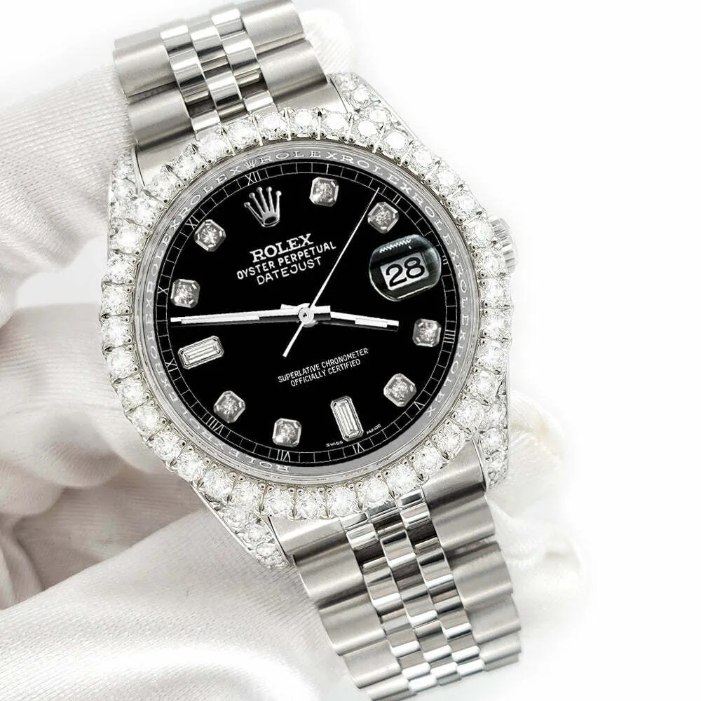 Rolex Datejust 116200 36mm 4CT Diamond Bezel/Lugs/Black 6 9 Baguette Dial Watch TFJ-142508621