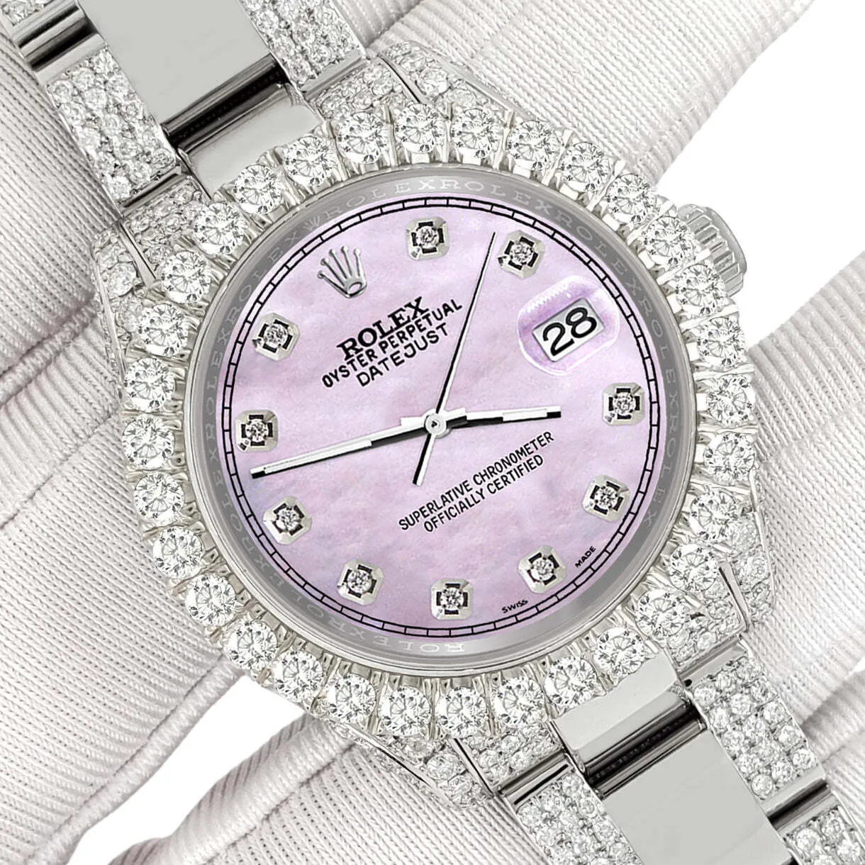 Rolex Datejust 31mm Pave 7.2ct Iced Diamond Pink Pearl Track Watch  TFJ-142508460