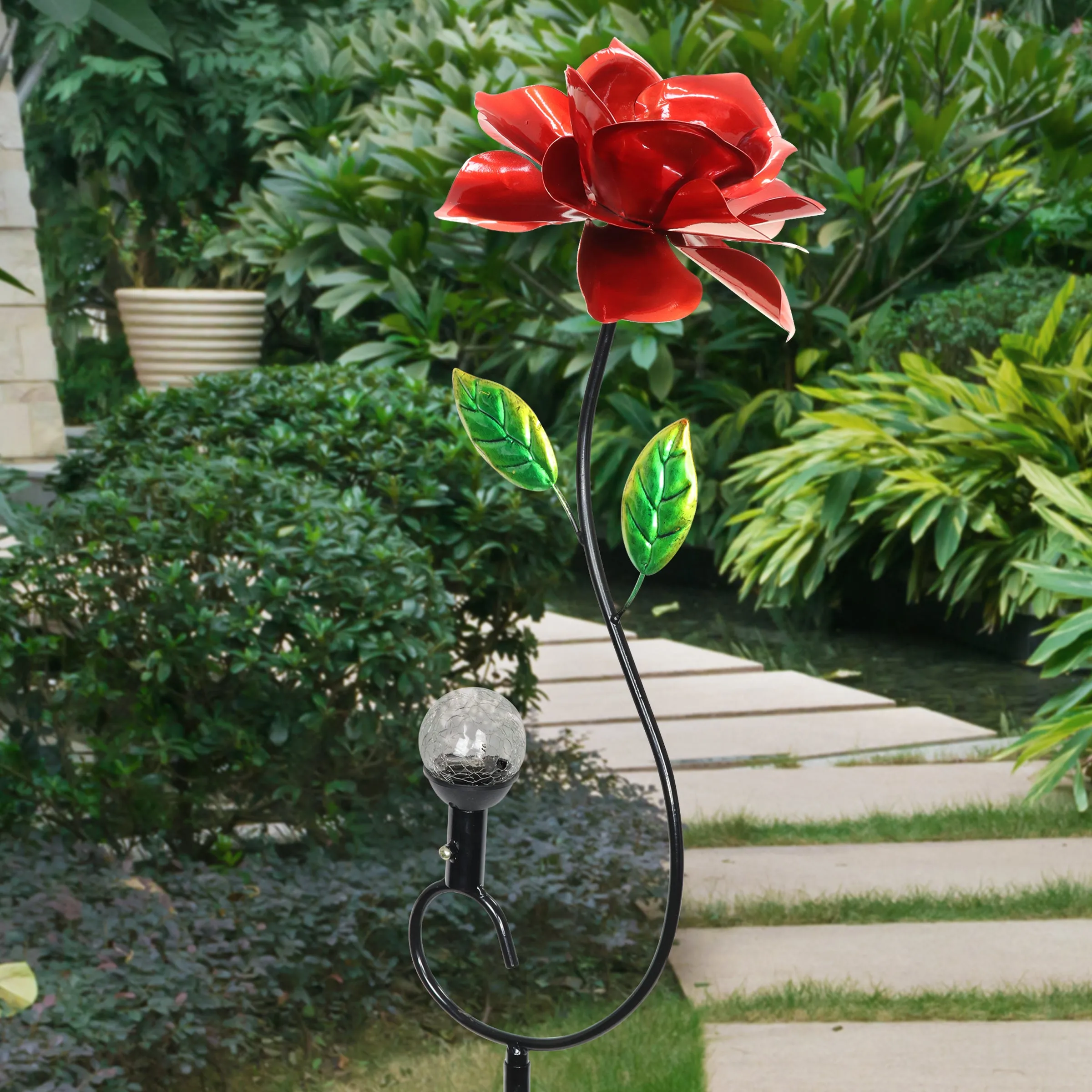 Rose Flower Wind Spinner Garden Stake with Solar Crackle Glass Ball Hand Painted in Metallic Red, 12 by 44 Inches