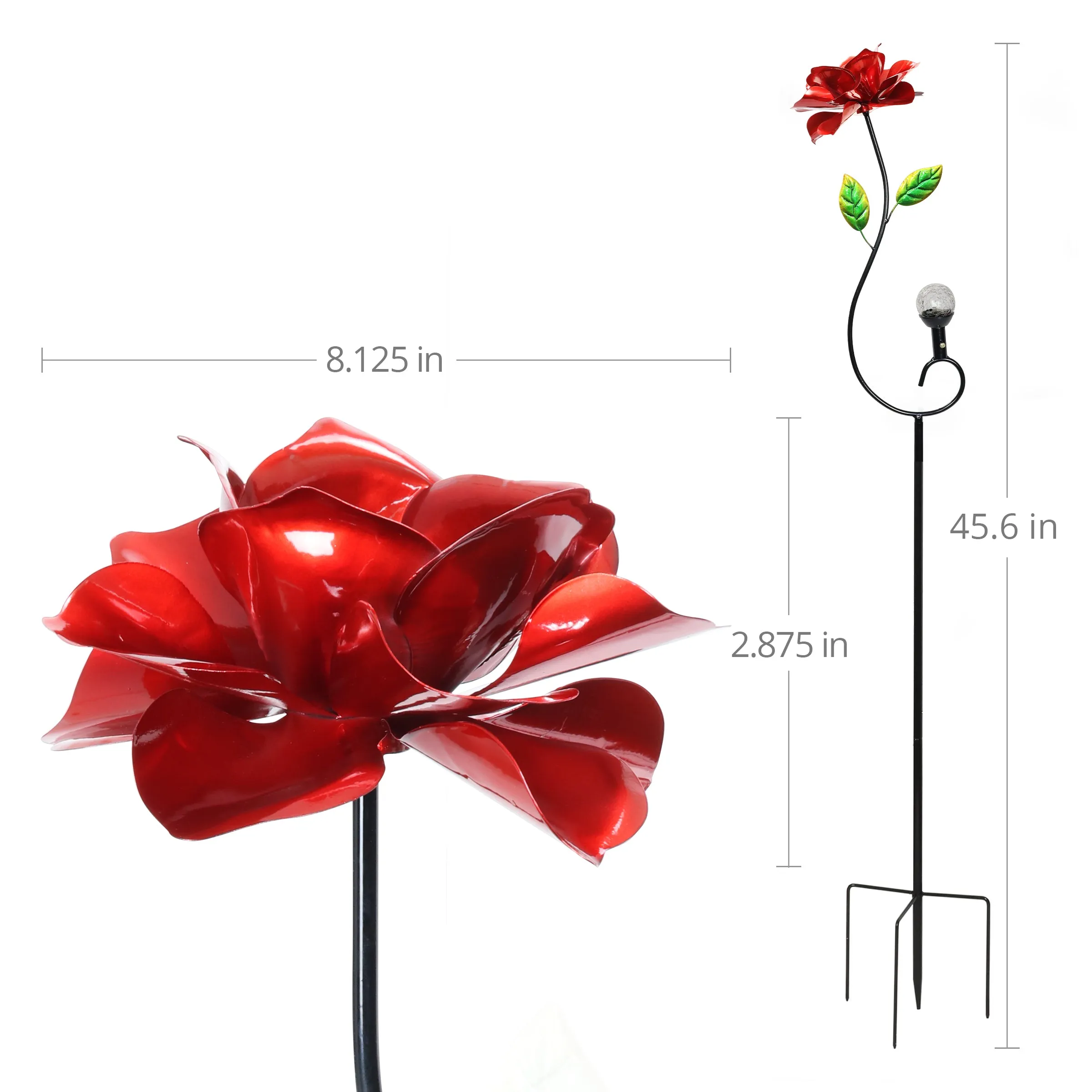 Rose Flower Wind Spinner Garden Stake with Solar Crackle Glass Ball Hand Painted in Metallic Red, 12 by 44 Inches