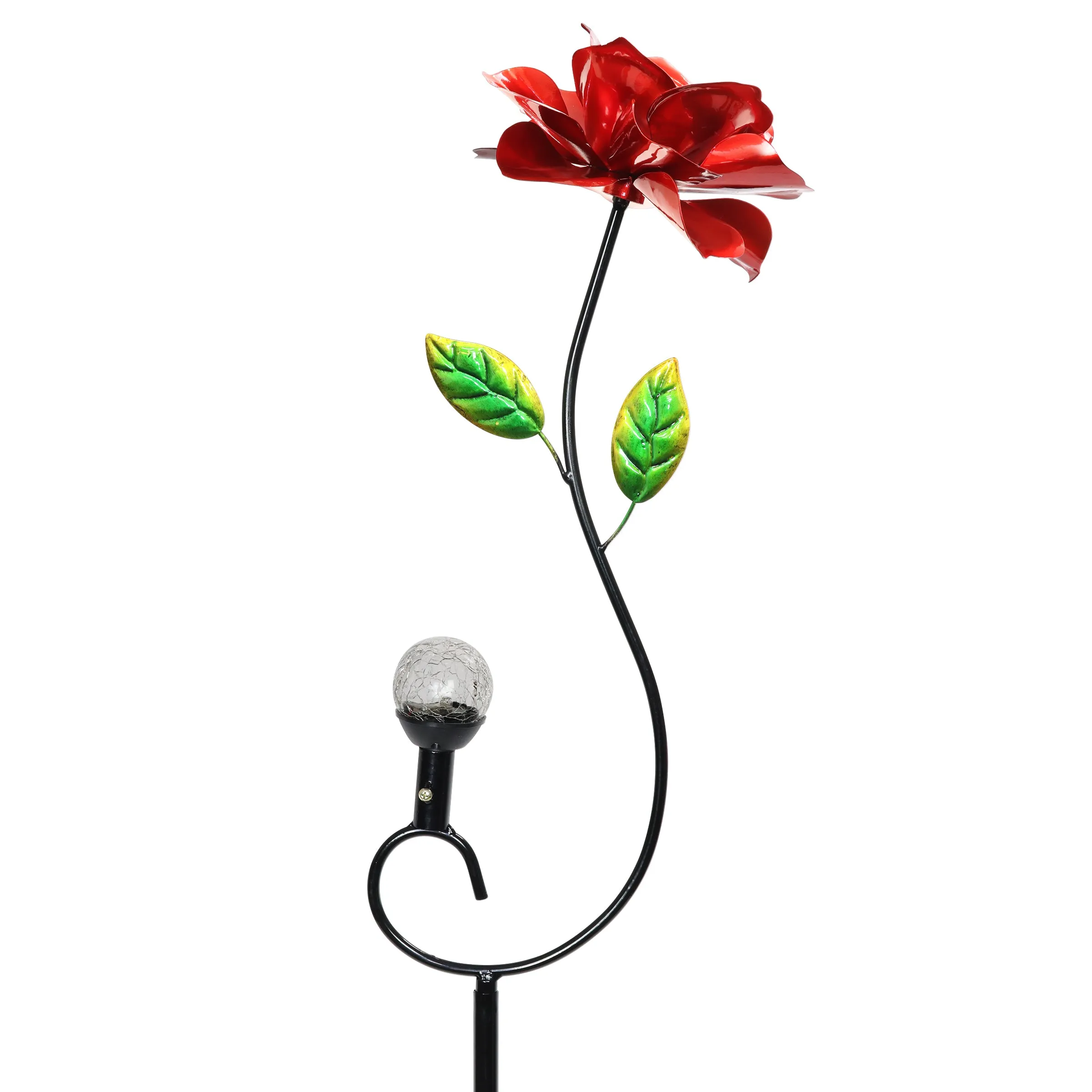 Rose Flower Wind Spinner Garden Stake with Solar Crackle Glass Ball Hand Painted in Metallic Red, 12 by 44 Inches