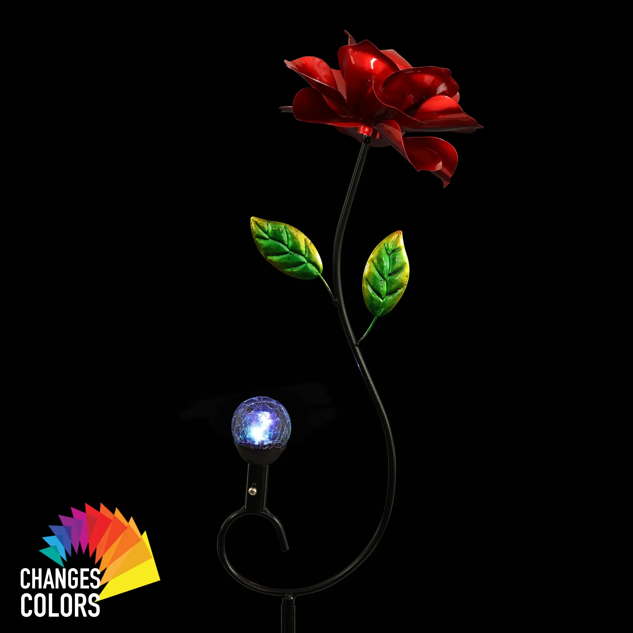 Rose Flower Wind Spinner Garden Stake with Solar Crackle Glass Ball Hand Painted in Metallic Red, 12 by 44 Inches