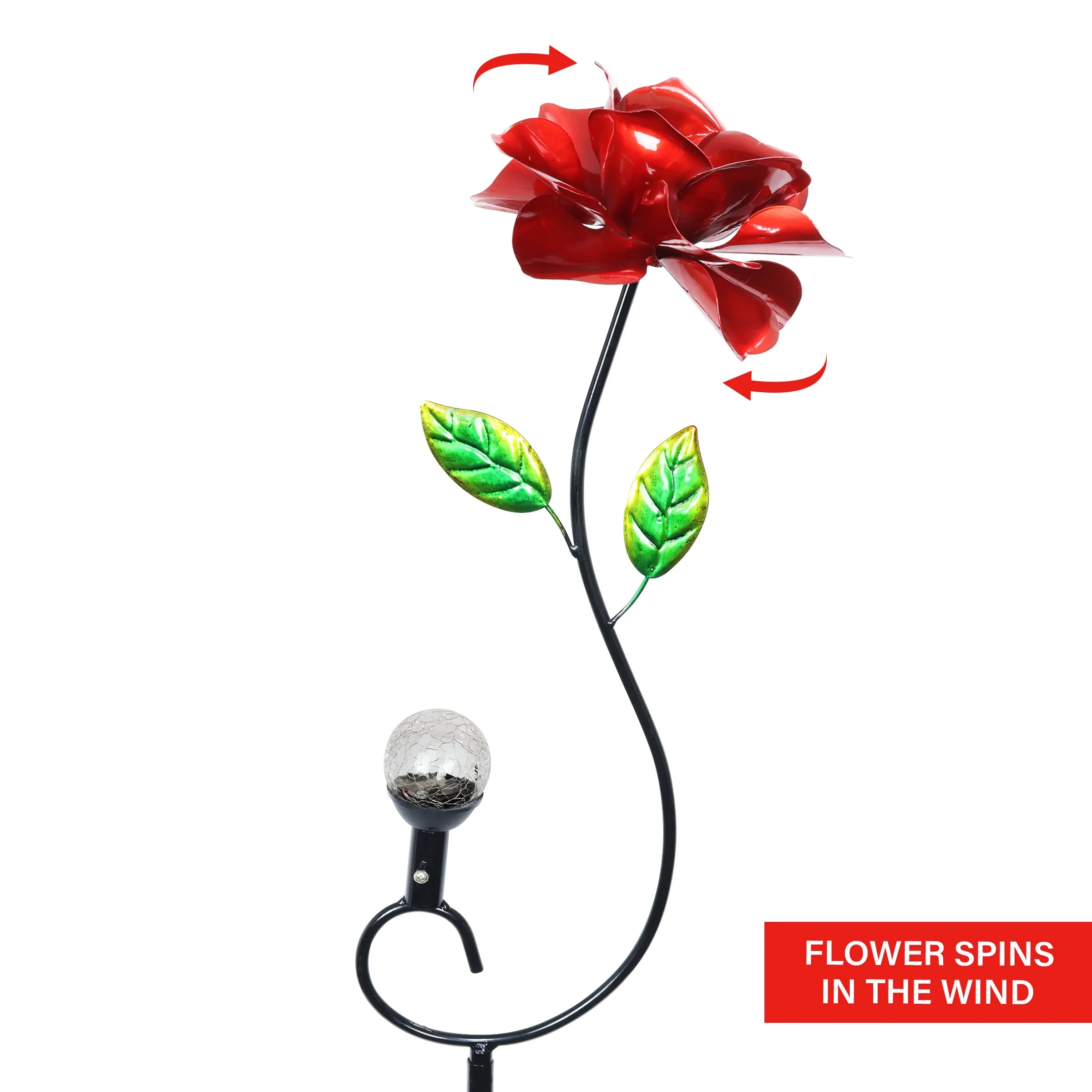 Rose Flower Wind Spinner Garden Stake with Solar Crackle Glass Ball Hand Painted in Metallic Red, 12 by 44 Inches