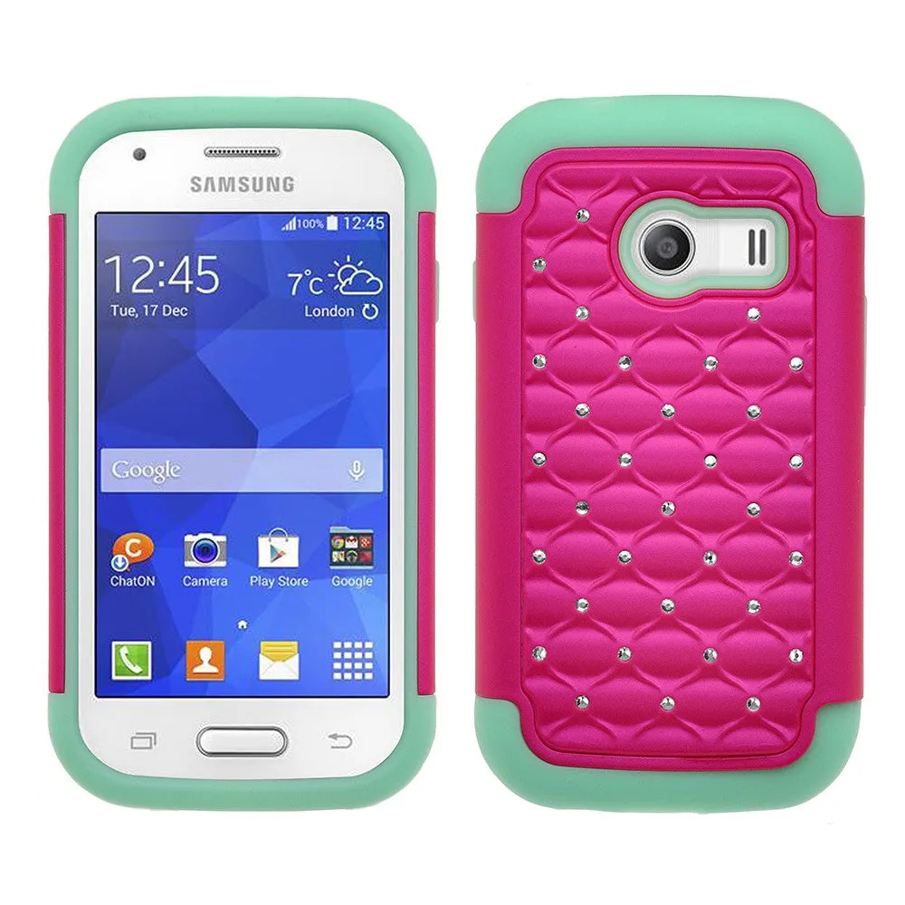 Samsung Galaxy Ace Style | S765C Rhinestone Case , Slim Hybrid Dual Layer[Shock Resistant] Crystal Rhinestone Studded Case Cover - Hot Pink/Teal