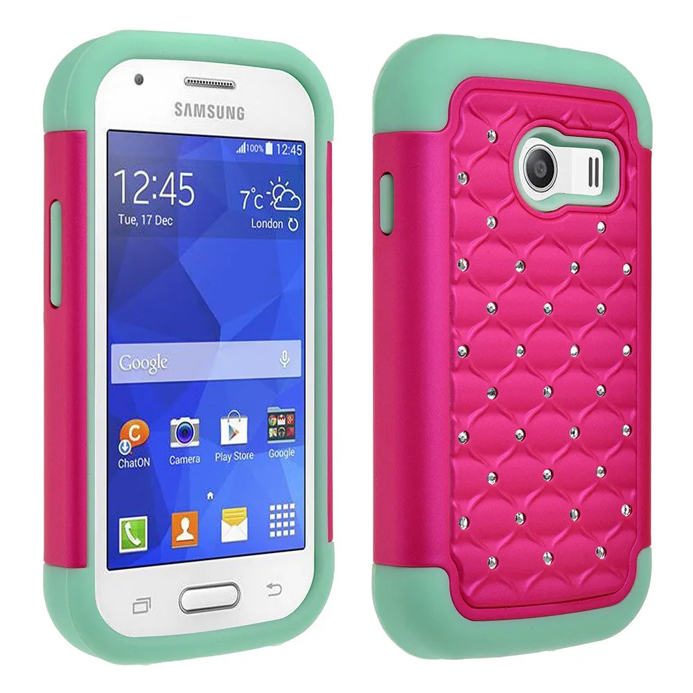 Samsung Galaxy Ace Style | S765C Rhinestone Case , Slim Hybrid Dual Layer[Shock Resistant] Crystal Rhinestone Studded Case Cover - Hot Pink/Teal