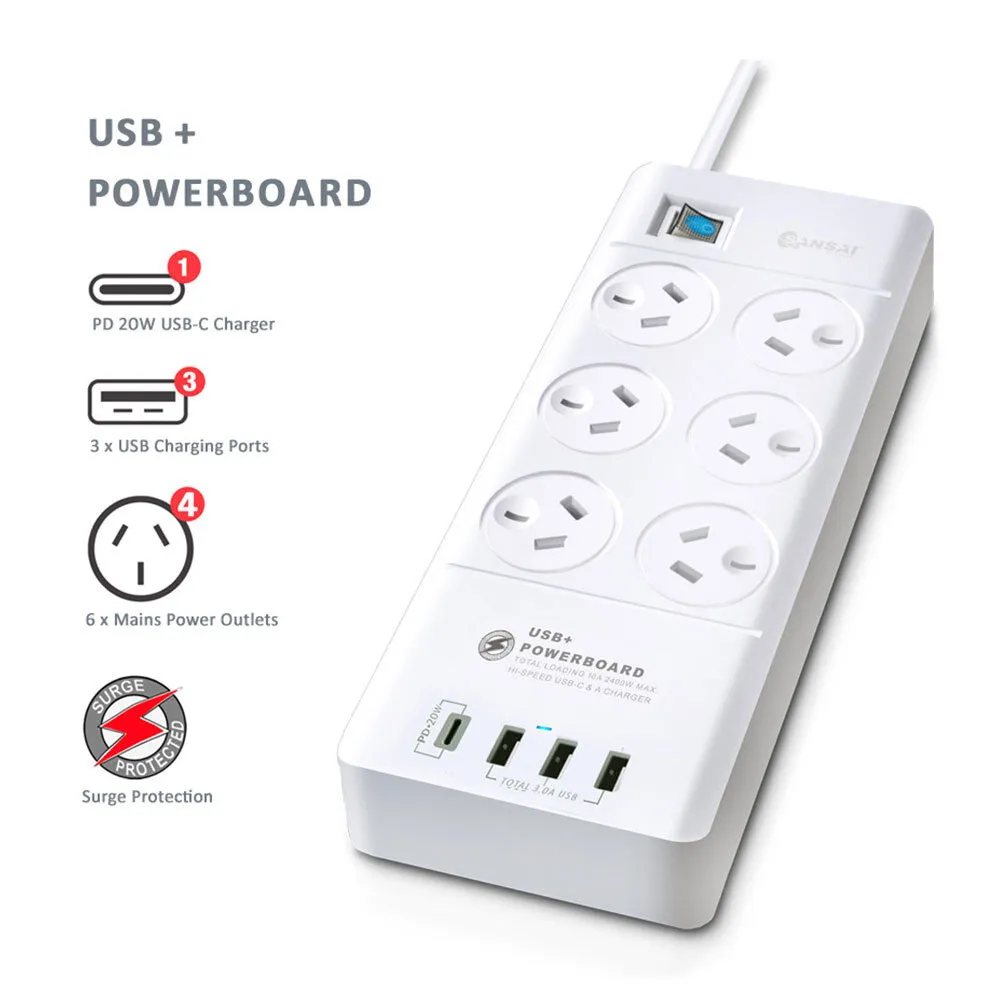 Sansai 6-Way 2400W Surge Protector Power Board with USB-A & USB-C Ports