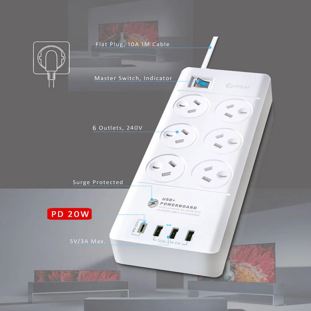 Sansai 6-Way 2400W Surge Protector Power Board with USB-A & USB-C Ports