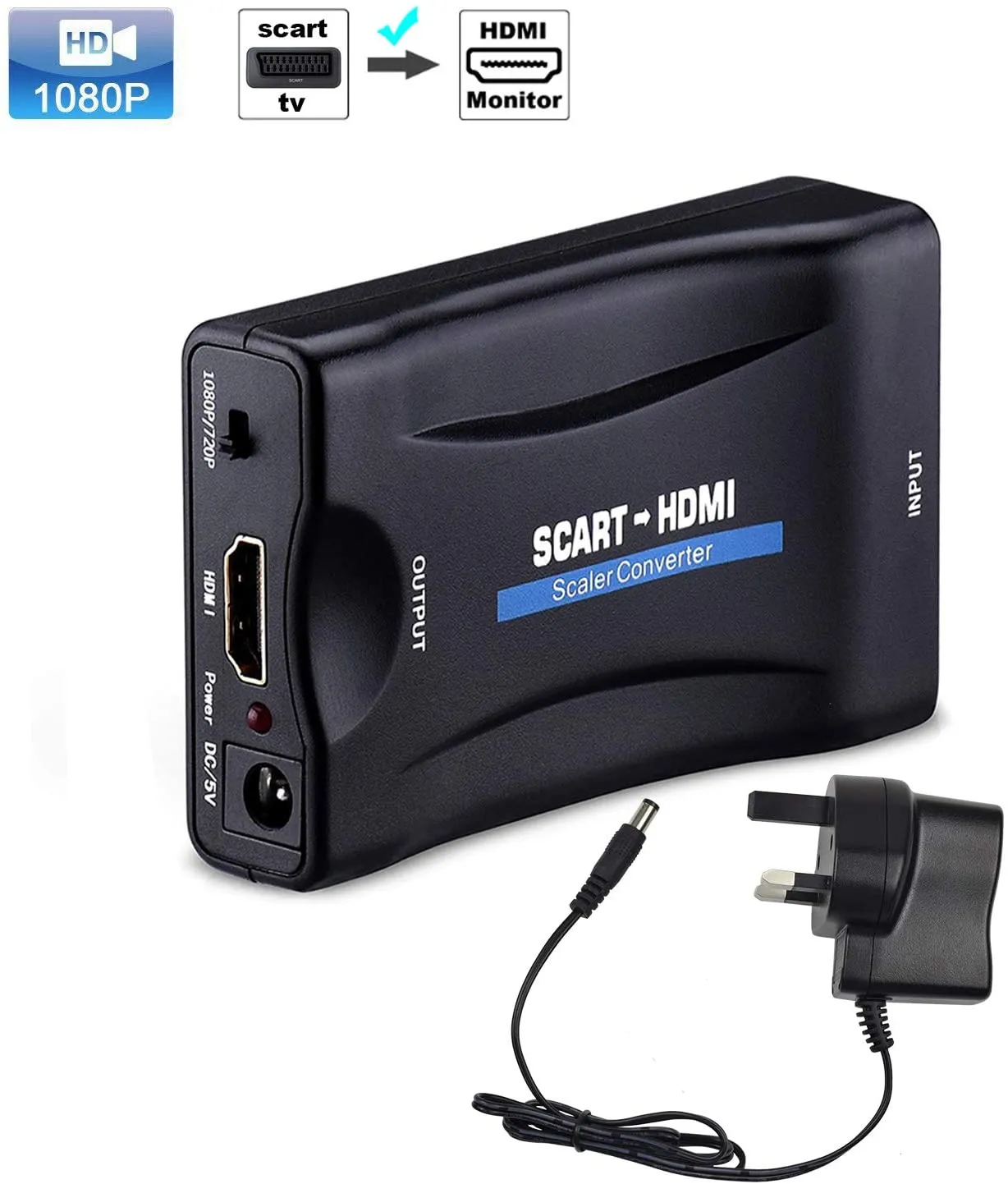 Scart to HDMI Converter with HDMI Cable,KUYiA SCART In HDMI Out Adaptor,Full HD 720P/1080P Switch Video Audio Upscale