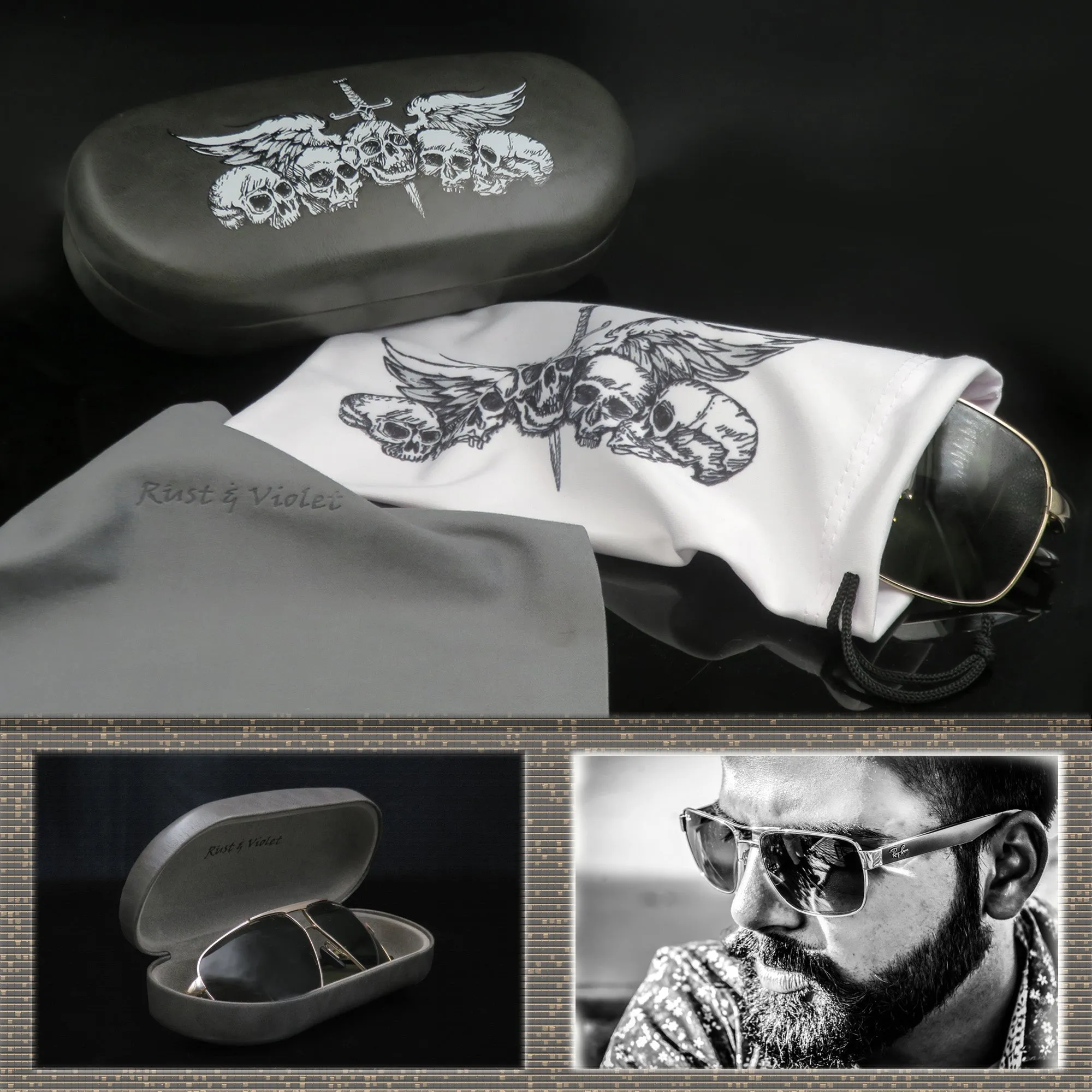 Skull Embossed Hard Large Sunglasses Case w/ Pouch & Cloth (AS87 Skulls & Sword)