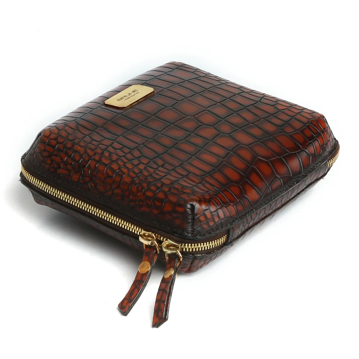 Smokey Tan Finish Deep Cut Croco Leather Travel Tech Pouch by Brune & Bareskin