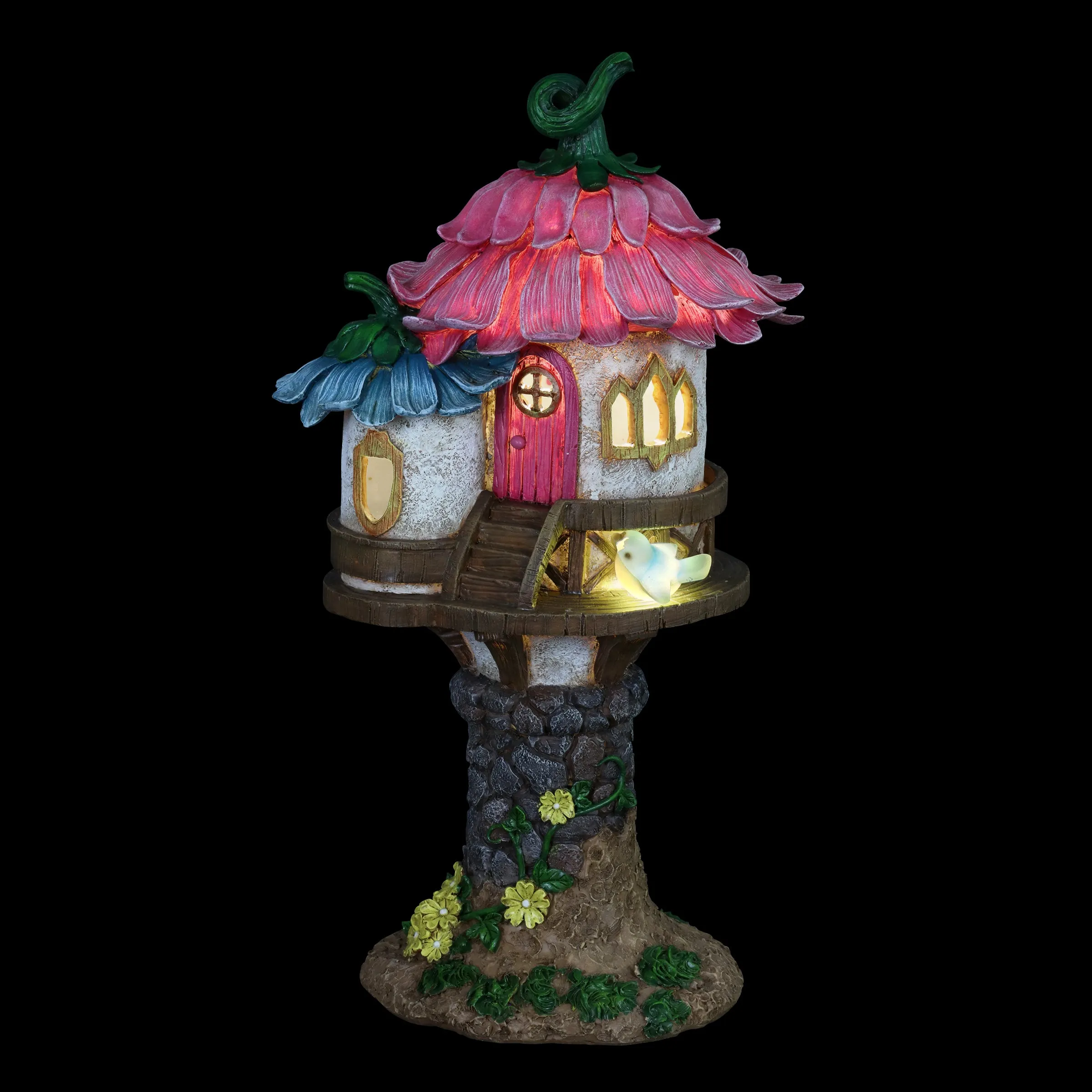 Solar Pink and Blue Flower Roof Fairy House Statue, 17 Inches tall