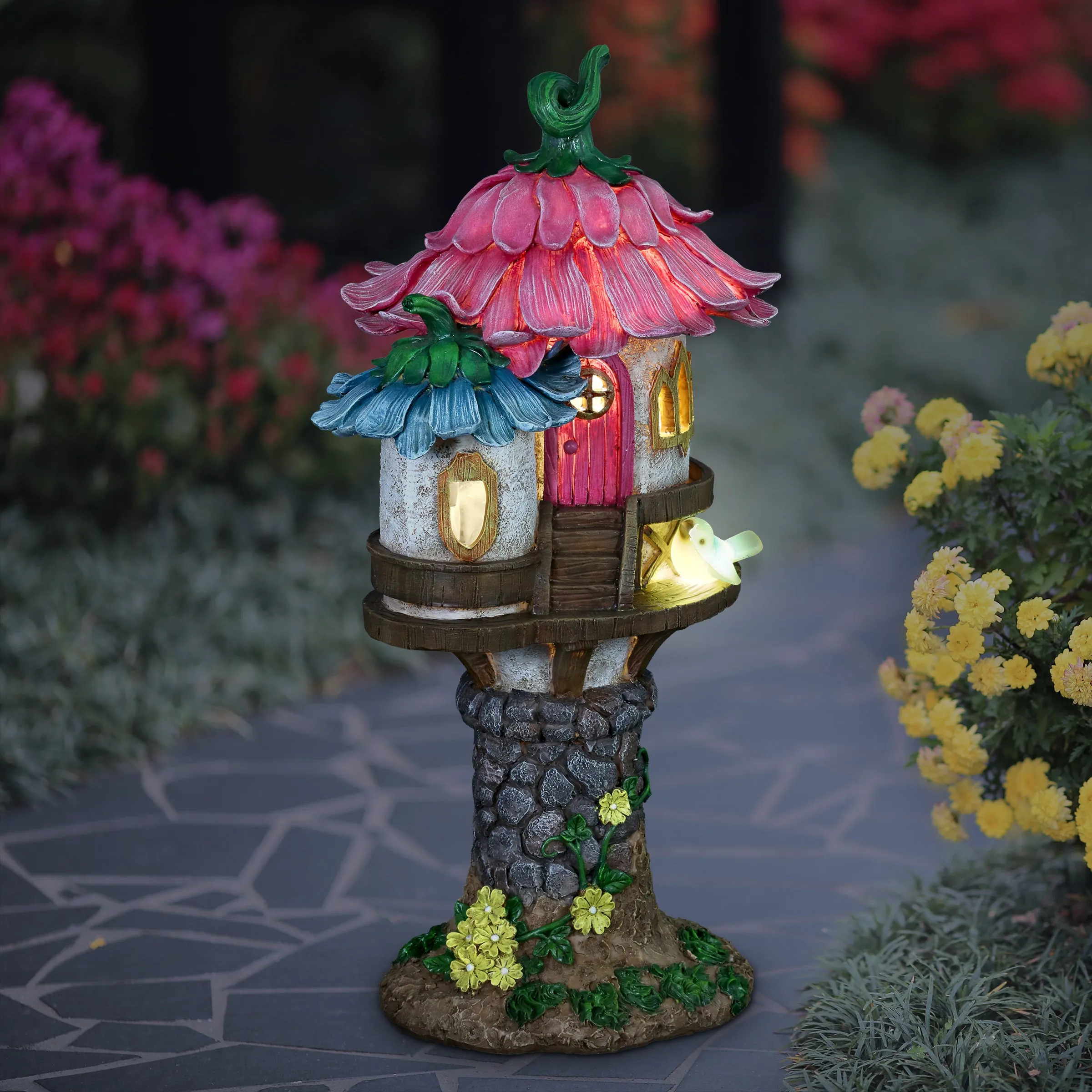 Solar Pink and Blue Flower Roof Fairy House Statue, 17 Inches tall