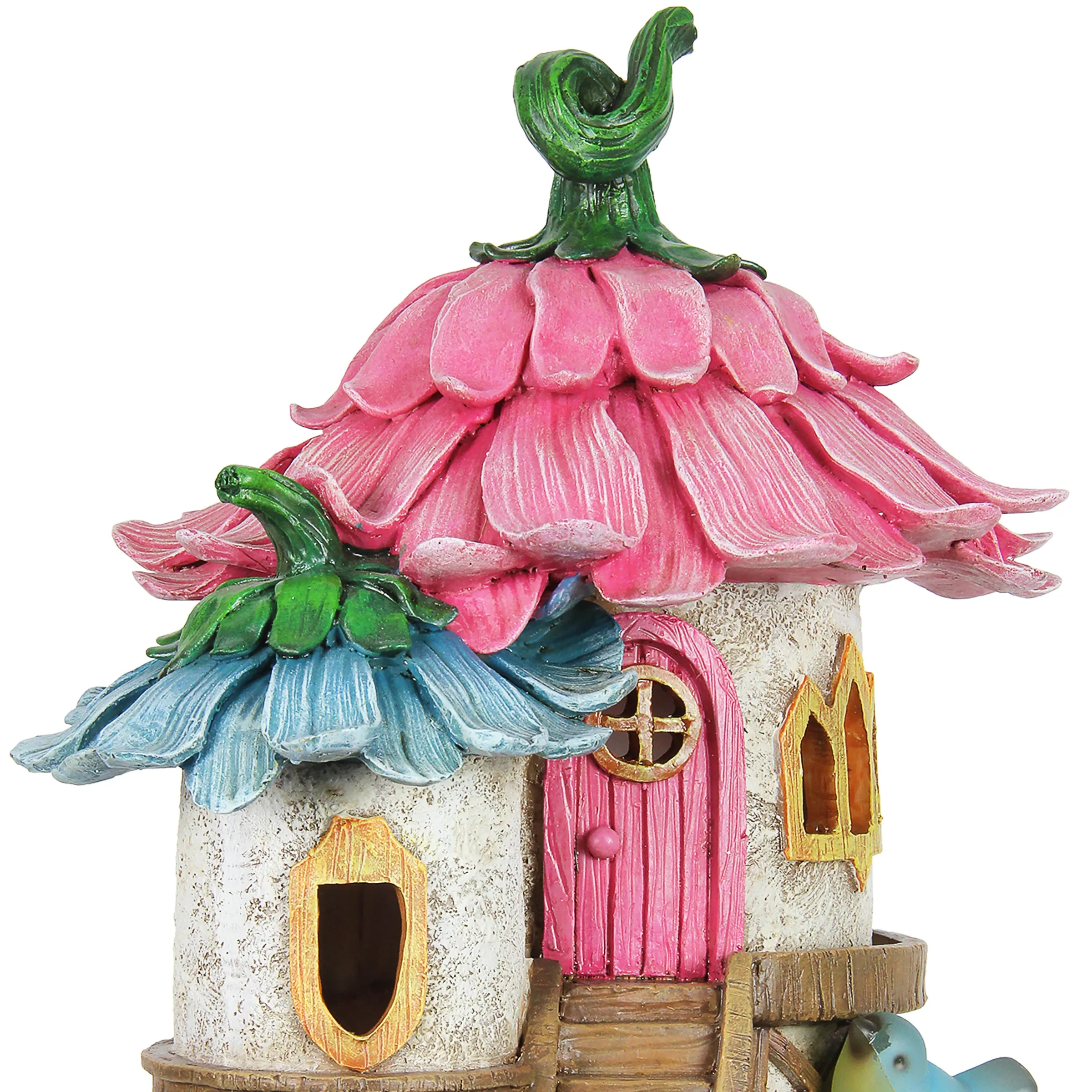 Solar Pink and Blue Flower Roof Fairy House Statue, 17 Inches tall