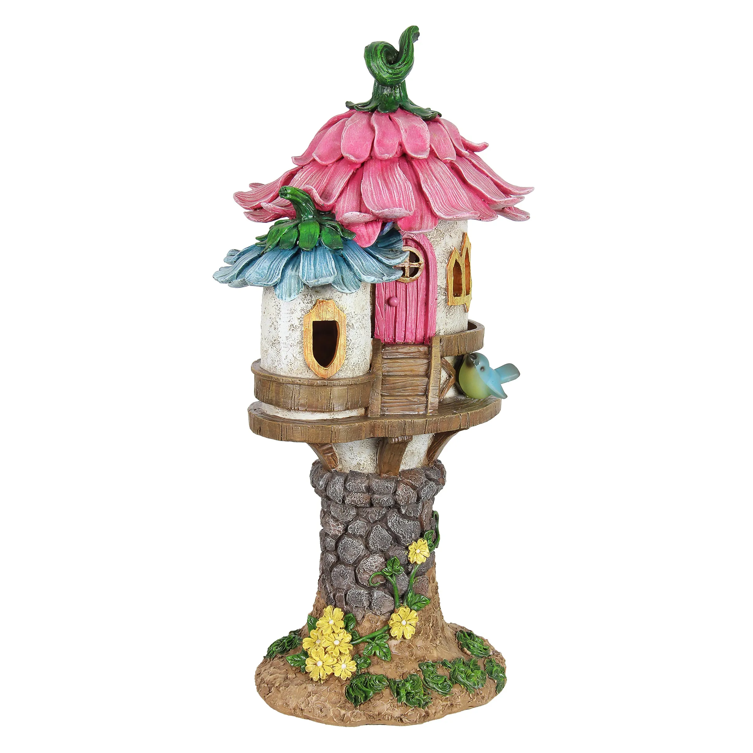 Solar Pink and Blue Flower Roof Fairy House Statue, 17 Inches tall