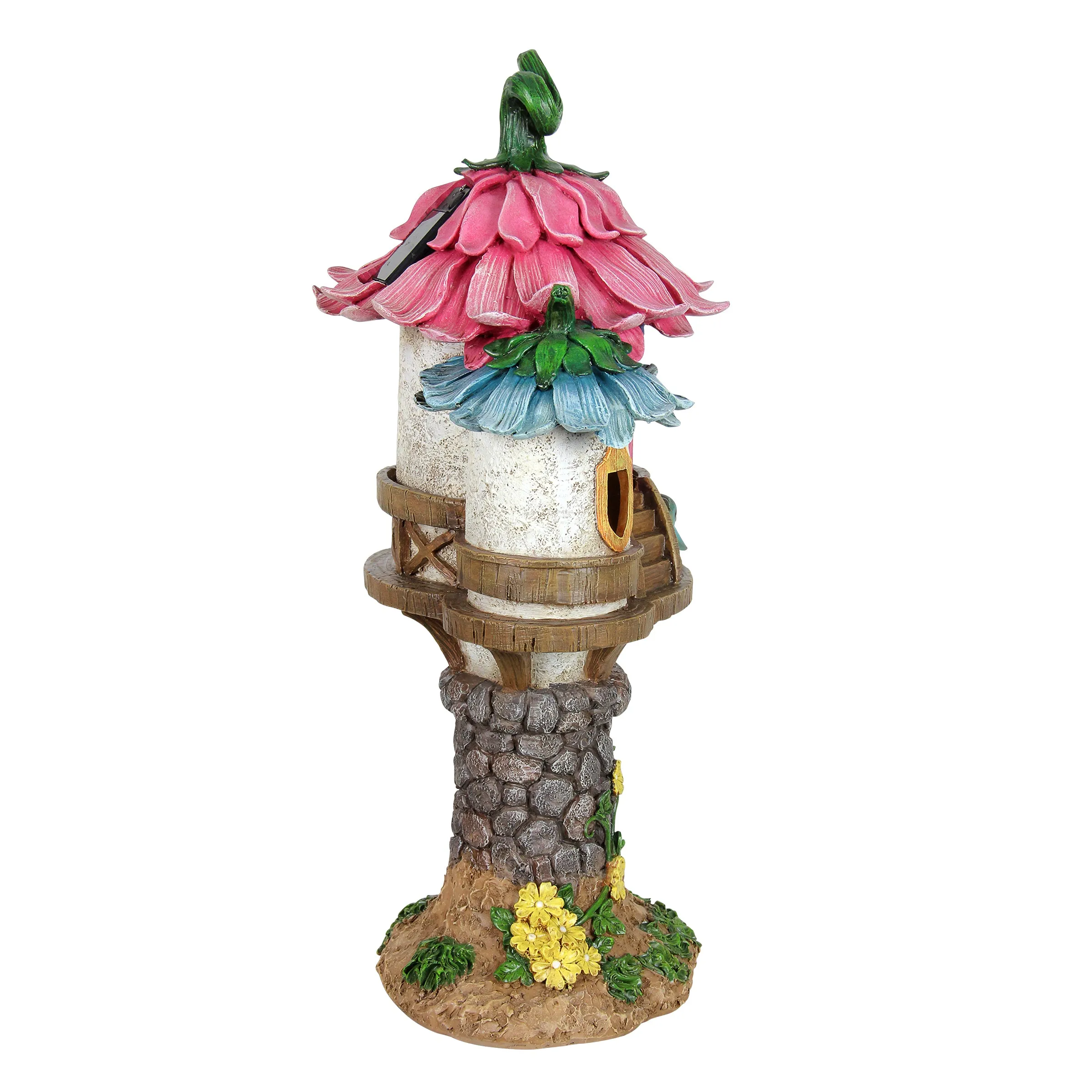 Solar Pink and Blue Flower Roof Fairy House Statue, 17 Inches tall