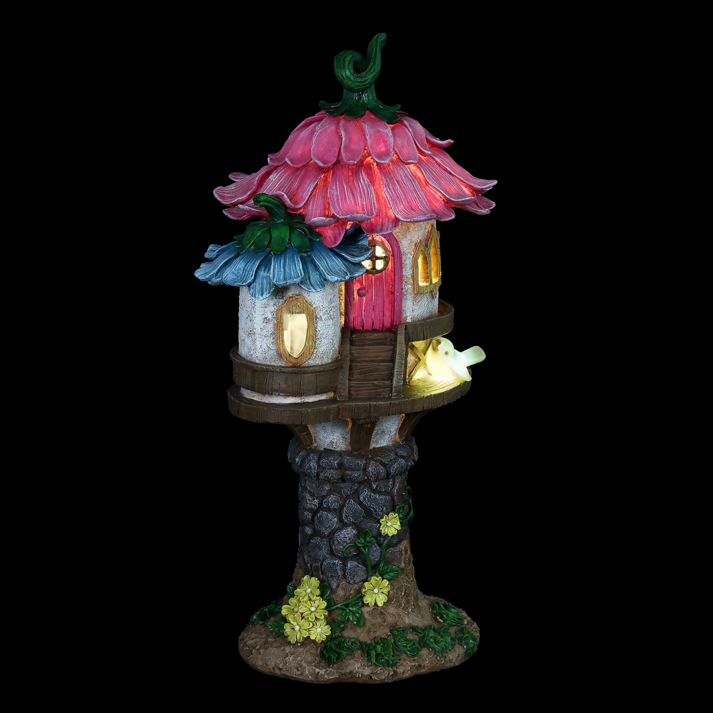 Solar Pink and Blue Flower Roof Fairy House Statue, 17 Inches tall