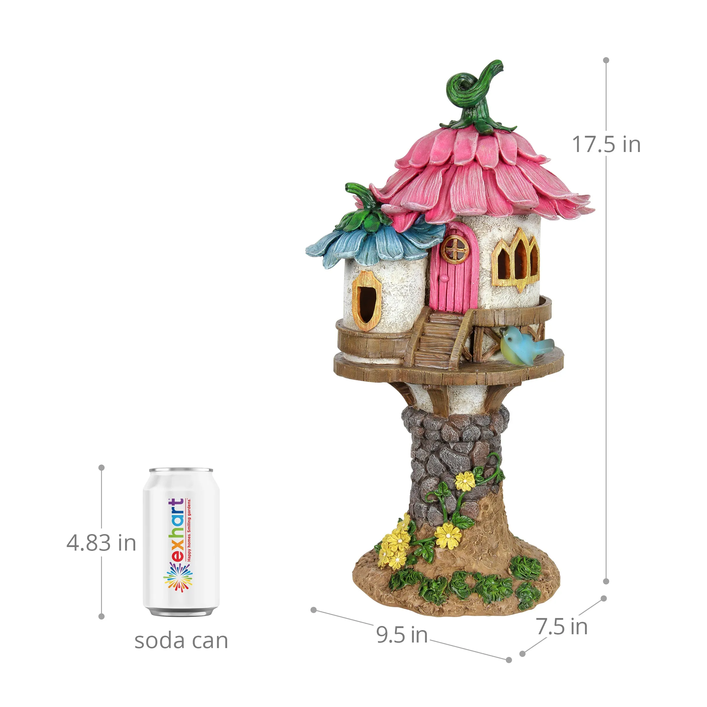 Solar Pink and Blue Flower Roof Fairy House Statue, 17 Inches tall