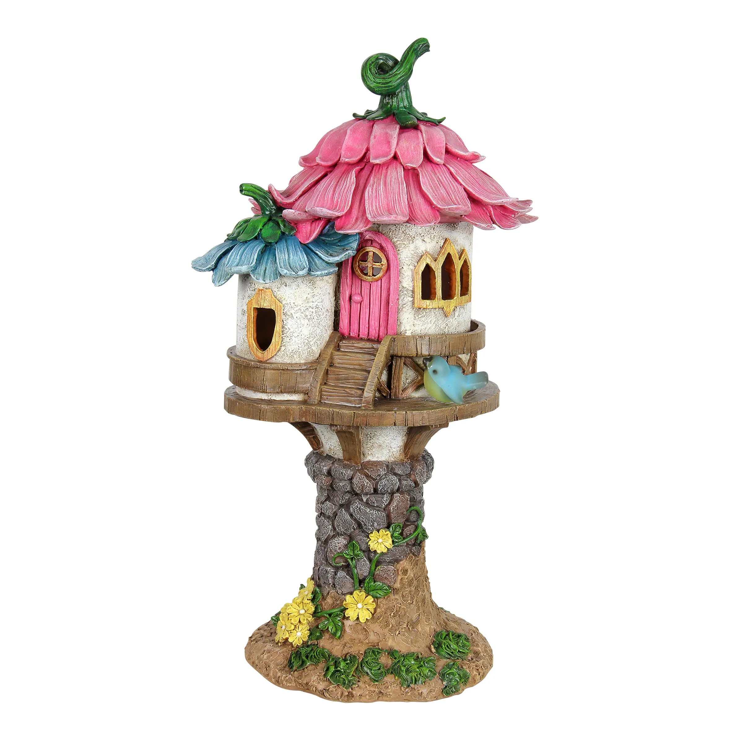 Solar Pink and Blue Flower Roof Fairy House Statue, 17 Inches tall